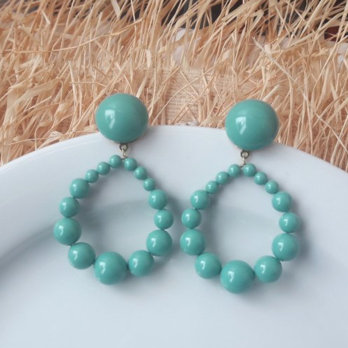 Boucles d'oreilles (gros cabochon petit modèle) créoles perles jade (bleu-vert) - esprit vintage