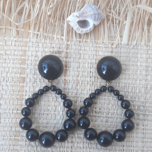 Boucles d'oreilles (gros cabochon  petit modèle) créoles perles noires - esprit vintage