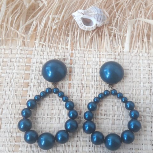Boucles d'oreilles (gros cabochon petit modèle ) créoles perles en cristal bleu pétrol - esprit vintage