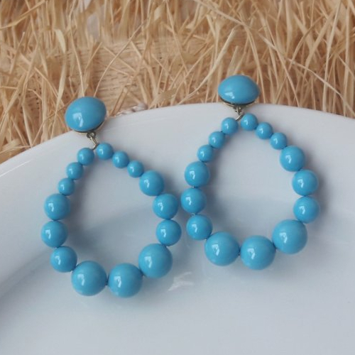 Boucles d'oreilles créoles perles bleu turquoise (petit modèle) - esprit vintage