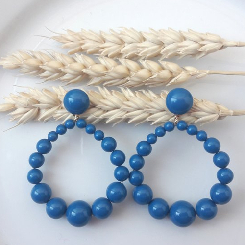 Boucles d'oreilles (grand modèle petit cabochon) créoles perles en cristal swarovski bleu - esprit vintage