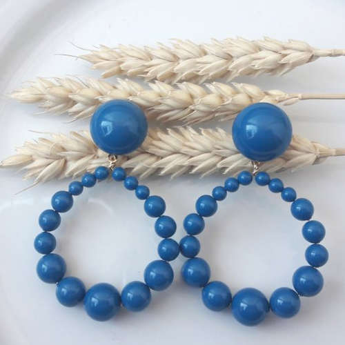 Boucles d'oreilles (grand modèle gros cabochon) créoles perles en cristal swarovski bleu - esprit vintage
