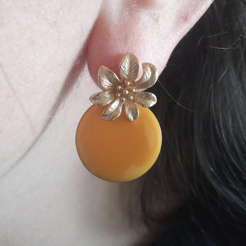 Boucles d'oreilles mini nina - sequin rond jaune tournesol et clou fleur - esprit vintage
