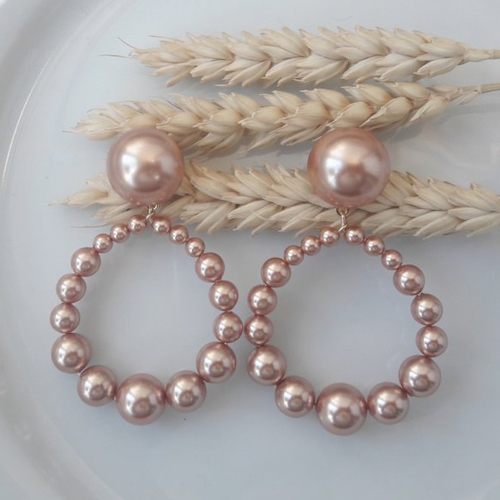 Boucles d'oreilles (grand modèle gros cabochon) créoles perles en cristal rose gold - esprit vintage