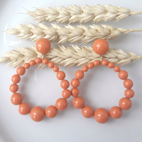 Boucles d'oreilles (grand modèle) créoles perles en cristal orange / coral - esprit vintage