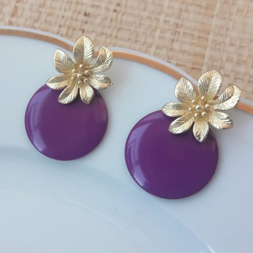 Boucles d'oreilles mini nina - sequin rond violet et clou fleur - esprit vintage