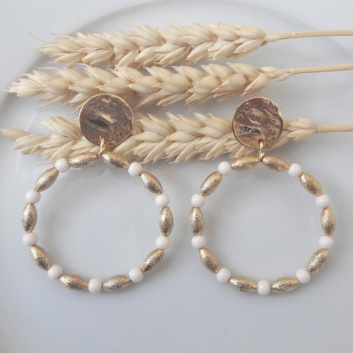 Boucles d'oreilles alice - créoles perles dorées et ivoire - esprit vintage