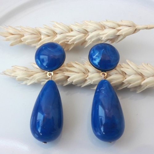 Boucles d'oreilles agate - gouttes en résine bleu royal marbré - esprit vintage