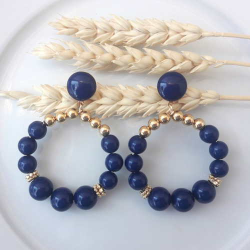 Boucles d'oreilles aurore - créoles perles dorées et bleu marine en résine - esprit vintage