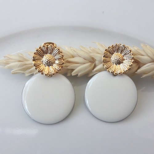 Boucles d'oreilles mini emma - sequin rond blanc et clou fleur tournesol - esprit vintage