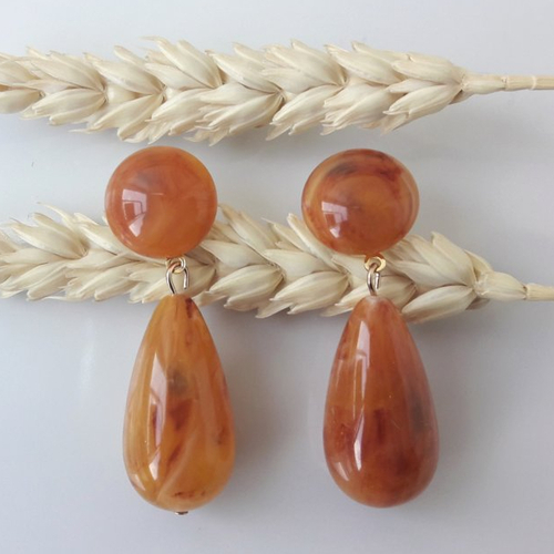 Boucles d'oreilles agate - gouttes en résine ambre abricot marbré - esprit vintage