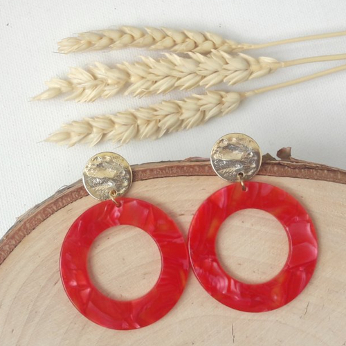 Boucles d'oreilles fanny - pendentif en acétate rouge - clou d'oreille doré - esprit vintage
