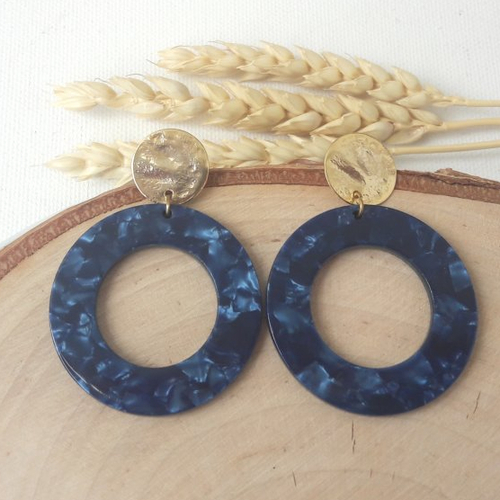 Boucles d'oreilles fanny - pendentif en acétate bleu marine - clou d'oreille doré - esprit vintage