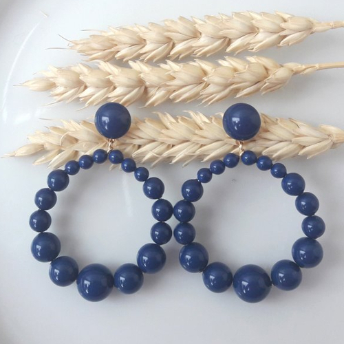 Boucles d'oreilles (grand modèle petit cabochon) créoles perles en cristal swarovski bleu nuit - esprit vintage