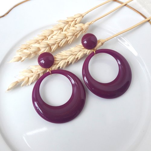 Boucles d'oreilles eva - pendentif cercle évidé prune - esprit vintage
