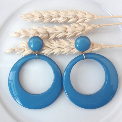 Boucles d'oreilles eva bis  - pendentif cercle évidé bleu denim - esprit vintage