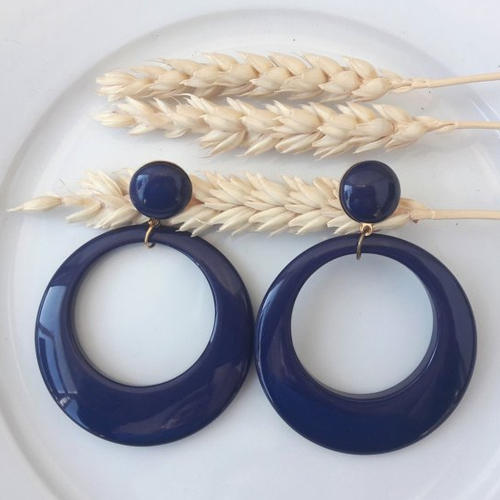 Boucles d'oreilles eva bis  - pendentif cercle évidé bleu marine - esprit vintage