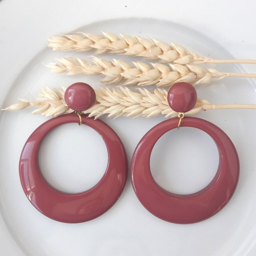 Boucles d'oreilles eva bis  - pendentif cercle évidé brun de mars - esprit vintage
