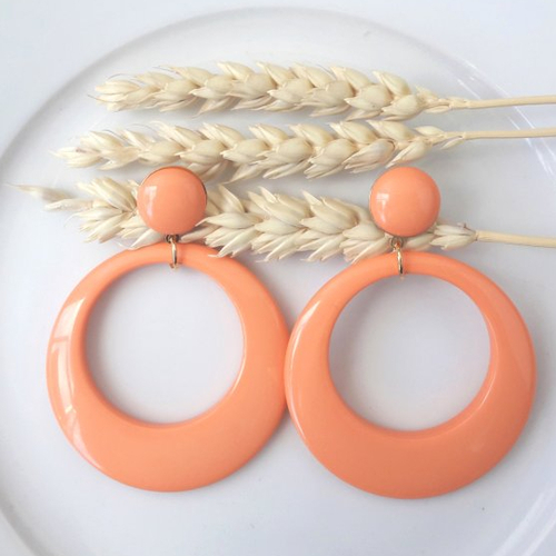 Boucles d'oreilles eva bis  - pendentif cercle évidé orange corail - esprit vintage