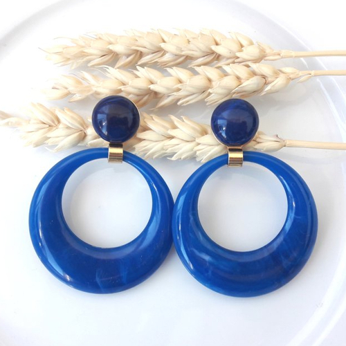 Boucles d'oreilles eva - pendentif cercle évidé mix bleus marbrés - esprit vintage