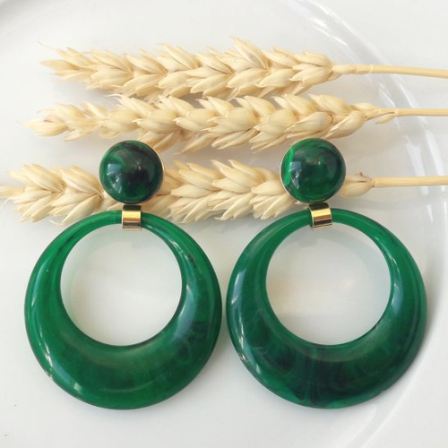 Boucles d'oreilles eva - pendentif cercle évidé vert foncé marbré - esprit vintage