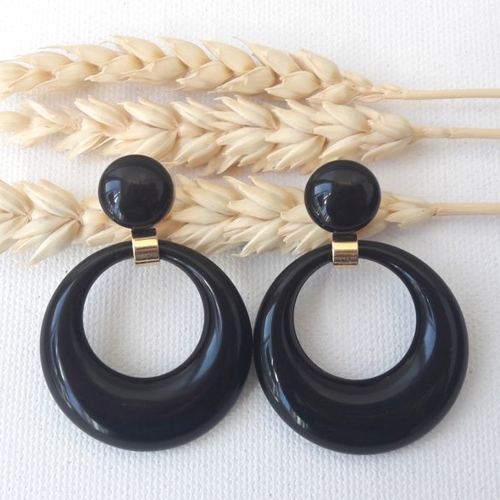 Boucles d'oreilles mini eva - pendentif cercle évidé noir - esprit vintage