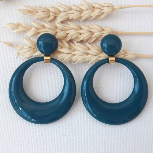 Boucles d'oreilles eva - pendentif cercle évidé bleu canard - esprit vintage