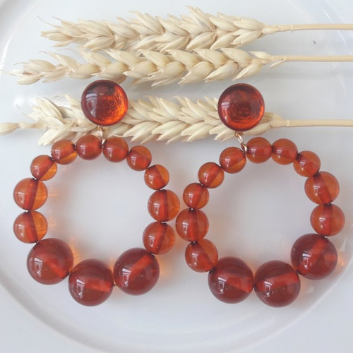 Boucles d'oreilles (modèle xl) créoles perles ambre transparente en résine - esprit vintage