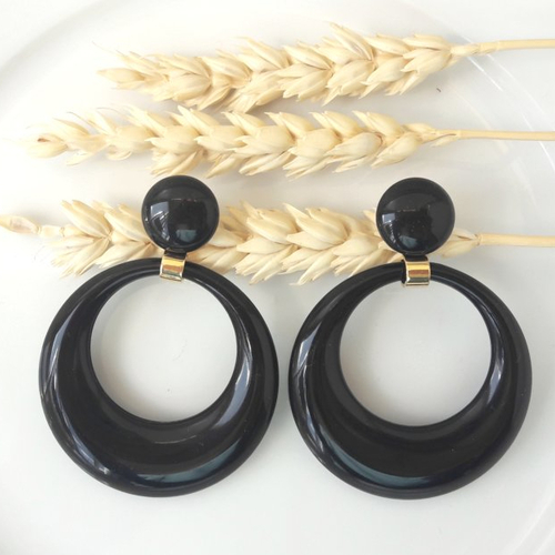 Boucles d'oreilles eva - pendentif cercle évidé noirs - esprit vintage