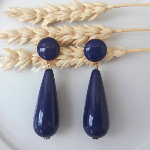 Boucles d'oreilles agate bis - gouttes en résine bleu marine - esprit vintage