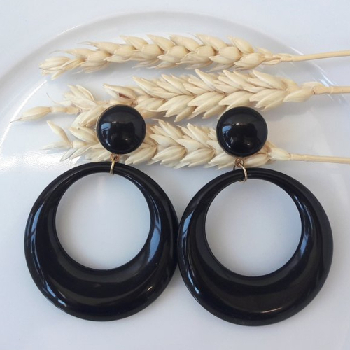 Boucles d'oreilles eva - pendentif cercle évidé noir - esprit vintage