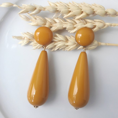 Boucles d'oreilles agate bis - gouttes en résine moutarde - esprit vintage