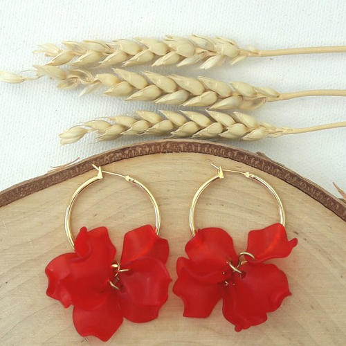 Boucles d'oreilles victoire - créoles pétales fleurs irrégulières rouges