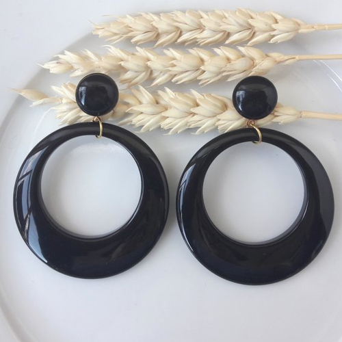 Boucles d'oreilles eva bis  - pendentif cercle évidé noir - esprit vintage