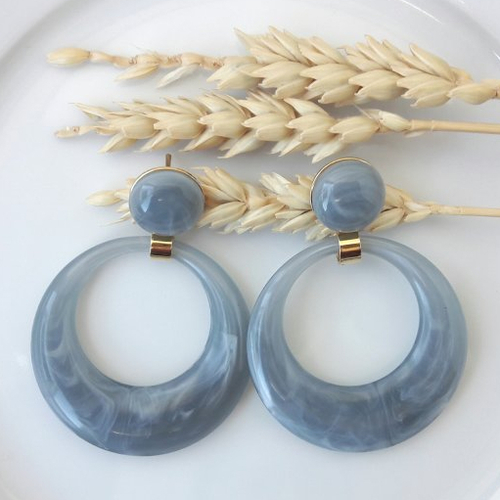 Boucles d'oreilles eva - pendentif cercle évidé bleu gris marbré - esprit vintage