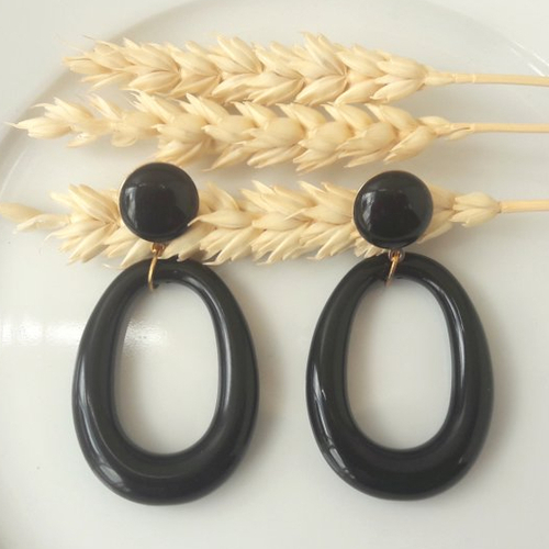 Boucles d'oreilles iris - pendentif goutte noire - esprit vintage