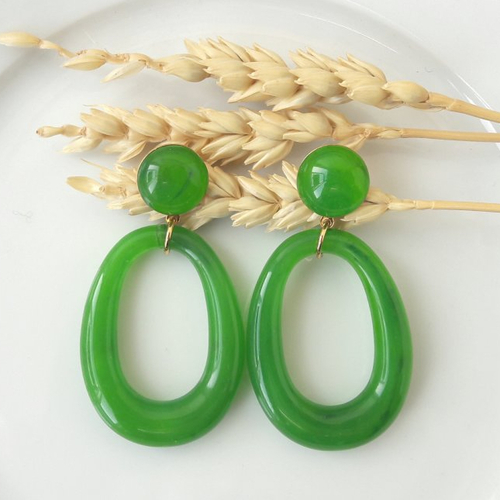Boucles d'oreilles iris - pendentif goutte vert marbré - esprit vintage
