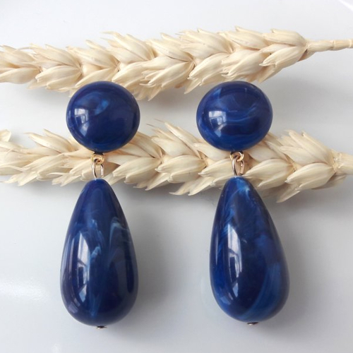 Boucles d'oreilles agate - gouttes en résine bleu marine marbré - esprit vintage