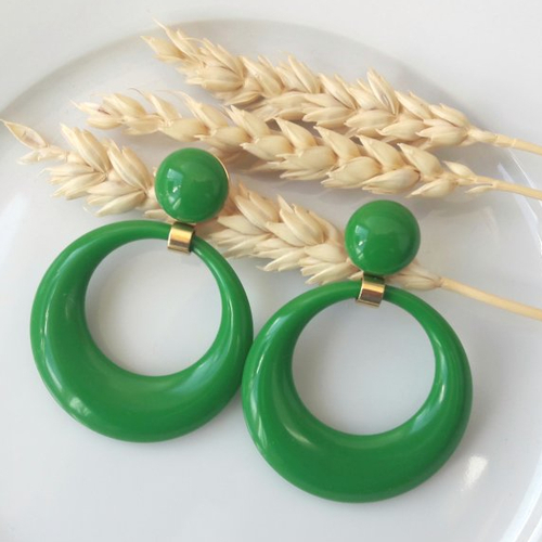 Boucles d'oreilles eva - pendentif cercle évidé vert - esprit vintage