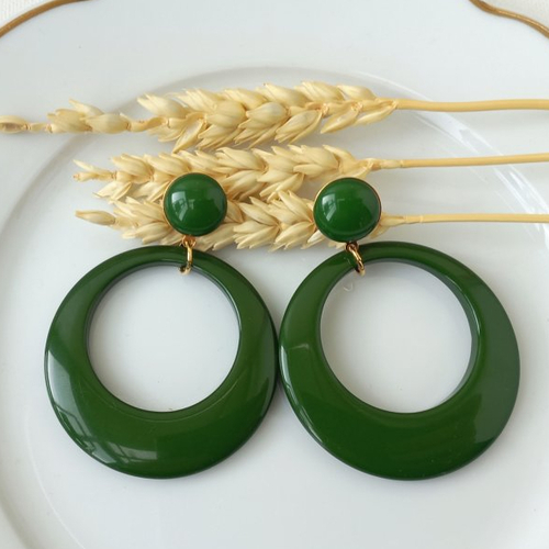 Boucles d'oreilles eva bis  - pendentif cercle évidé vert foncé - esprit vintage