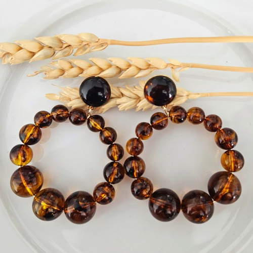 Boucles d'oreilles (modèle xl) créoles perles ambre marbré en résine transparente - esprit vintage