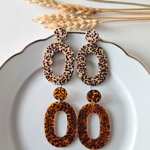 Boucles d'oreilles léopard - pendentif ovale en acétate - esprit vintage