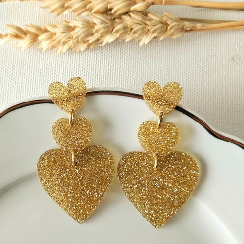 Boucles d'oreilles amanda bis - trio de cœurs dorés pailletés - esprit vintage
