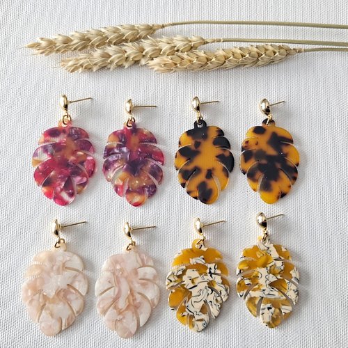 Boucles d'oreilles angele - feuilles de bananier acétate écaille de tortue