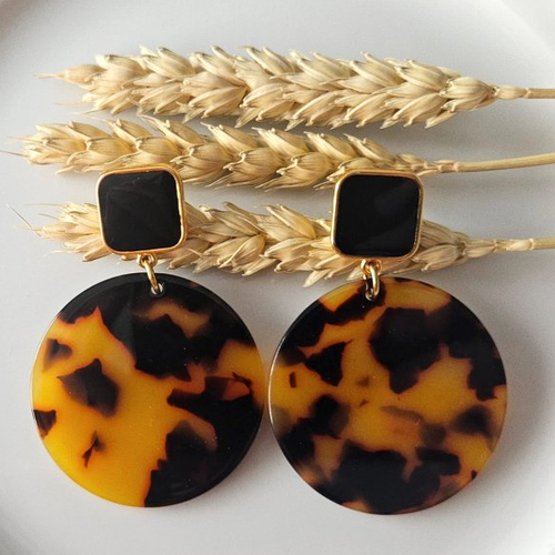 Boucles d'oreilles emilie - pendentif en acétate écaille de tortue marron noir - esprit vintage