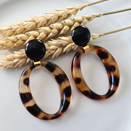 Boucles d'oreilles - pendentif ovales transparents motif léopard - esprit vintage