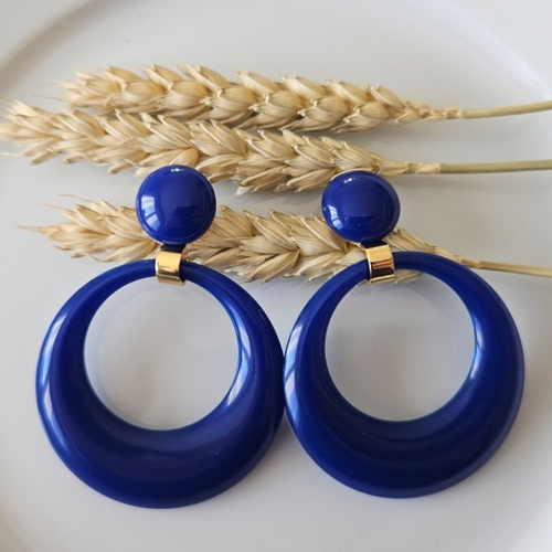 Boucles d'oreilles eva - pendentif cercle évidé bleu marine - esprit vintage