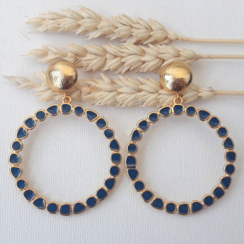 Boucles d'oreilles lina - pendentifs xl ronds bleu marine en résine époxy