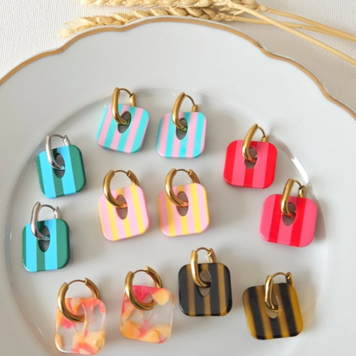 Boucles d'oreilles carla - pendentifs carrés + créoles acier inoxydable