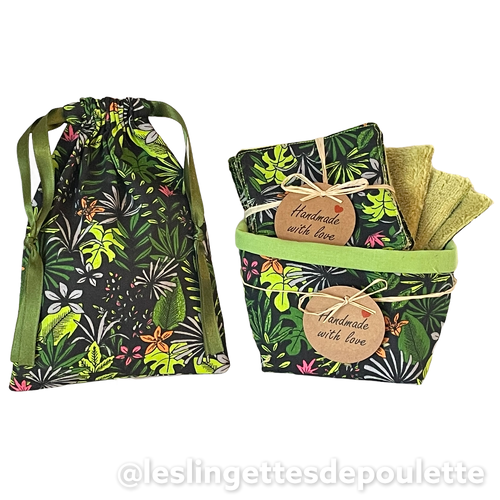 Lingettes démaquillantes lavables avec panière et pochon "jungle vert"